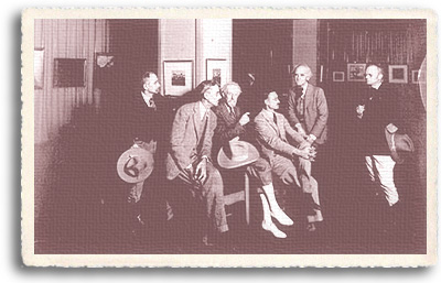 New Mexico artists exhibit gallery, La Fonda Hotel, Santa Fe, NM, c. 1933 Left to Right: Carlos Vierra, Datus Myers, Sheldon Parsons, Theodore Van Soelen, Gerald Cassidy, Will Shuster. Photo by T. Harmon Parkhurst